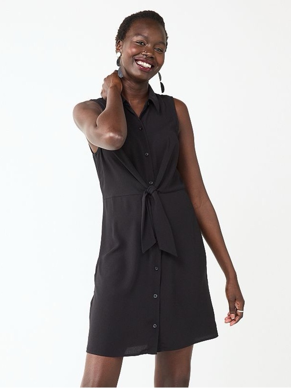 Nine West Black Sleeveless Button-Front Tie-Waist Dress